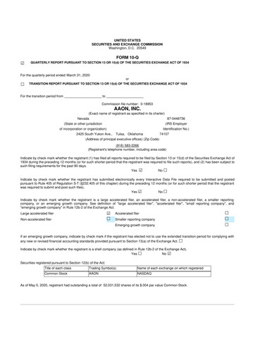 Thumbnail Aaon 10-Q Quarterly Report FY2020 