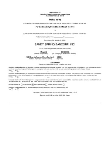 Miniature Sandy Spring Bank 10-Q Rapport trimestriel 2015 