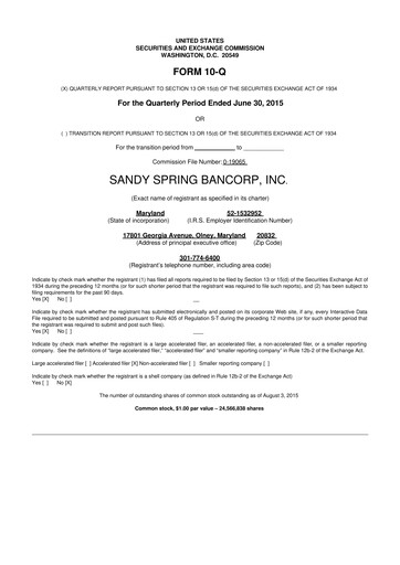 Miniature Sandy Spring Bank 10-Q Rapport trimestriel 2015 