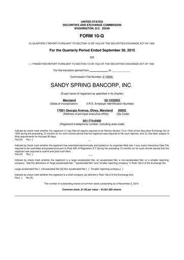 Miniature Sandy Spring Bank 10-Q Rapport trimestriel 2015 