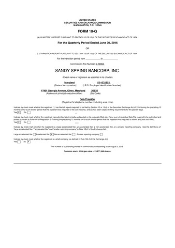 Miniature Sandy Spring Bank 10-Q Rapport trimestriel 2016 