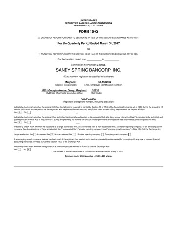 Miniature Sandy Spring Bank 10-Q Rapport trimestriel 2017 