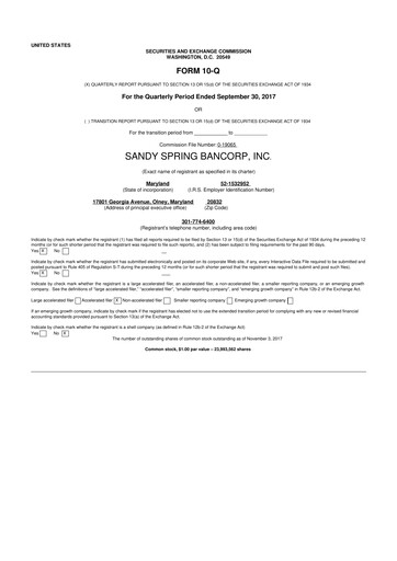 Miniature Sandy Spring Bank 10-Q Rapport trimestriel 2017 