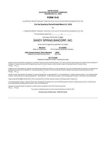 Miniature Sandy Spring Bank 10-Q Rapport trimestriel 2018 