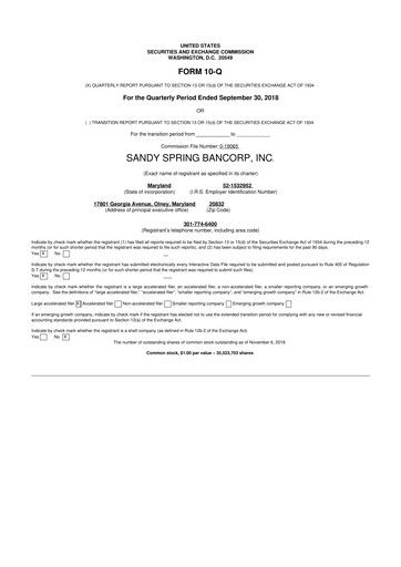 Miniature Sandy Spring Bank 10-Q Rapport trimestriel 2018 