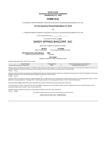 Miniature Sandy Spring Bank 10-Q Rapport trimestriel 2019 