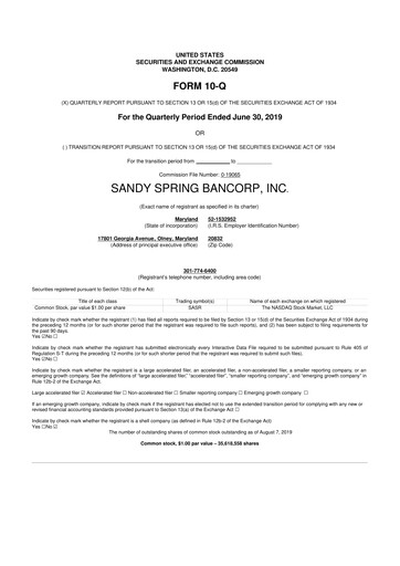 Miniature Sandy Spring Bank 10-Q Rapport trimestriel 2019 