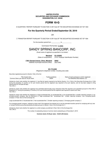 Miniature Sandy Spring Bank 10-Q Rapport trimestriel 2019 