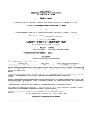 Miniature Sandy Spring Bank 10-Q Rapport trimestriel 2020 