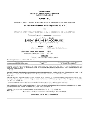 Miniature Sandy Spring Bank 10-Q Rapport trimestriel 2020 