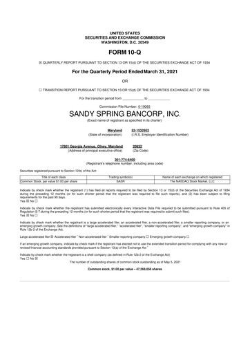 Miniature Sandy Spring Bank 10-Q Rapport trimestriel 2021 