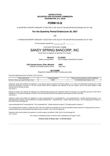 Miniature Sandy Spring Bank 10-Q Rapport trimestriel 2021 