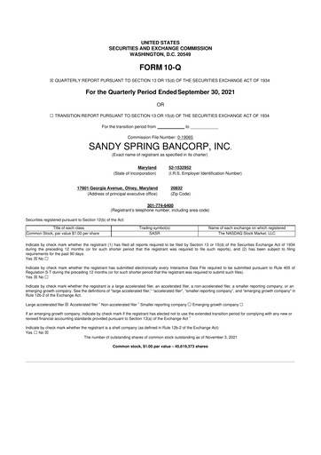 Miniature Sandy Spring Bank 10-Q Rapport trimestriel 2021 