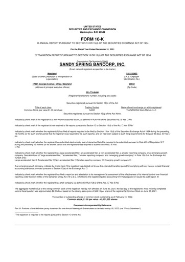 Thumbnail Sandy Spring Bank 10-K Annual Report 2021