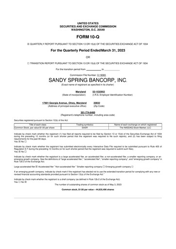 Miniature Sandy Spring Bank 10-Q Rapport trimestriel 2023 