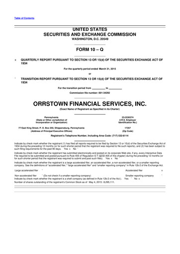 Miniature Orrstown Financial Services 10-Q Rapport trimestriel 2015 