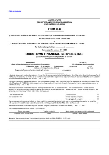 Miniature Orrstown Financial Services 10-Q Rapport trimestriel 2019 