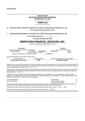 Miniature Orrstown Financial Services 10-Q Rapport trimestriel 2021 