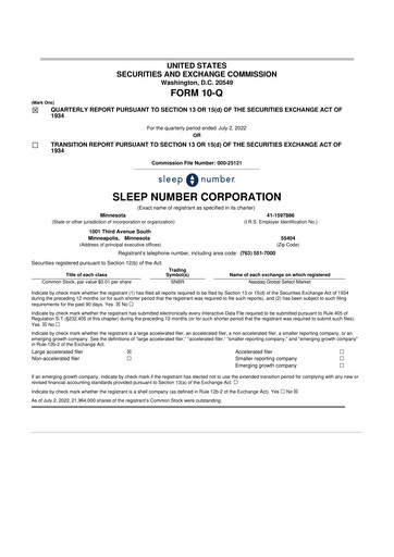 Thumbnail Sleep Number 10-Q Quarterly Report FY2022 