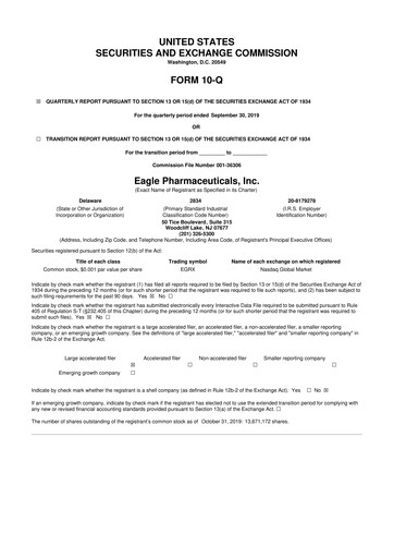 Thumbnail Eagle Pharmaceuticals
 10-Q Quarterly Report FY2019 