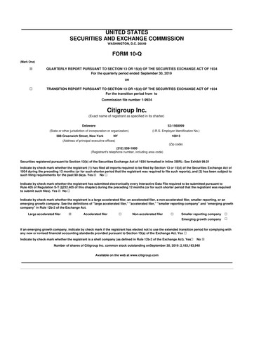 Thumbnail Citigroup 10-Q Quarterly Report FY2019 