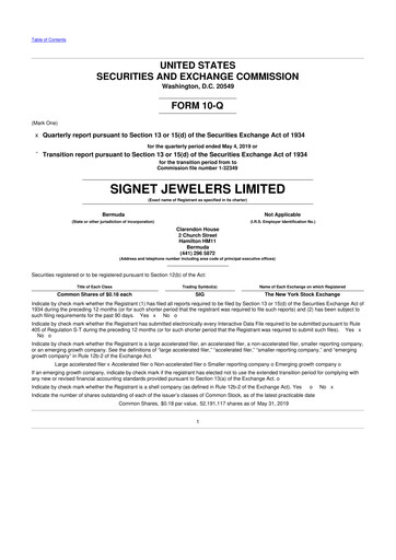 Thumbnail Signet Jewelers
 10-Q Quarterly Report FY 