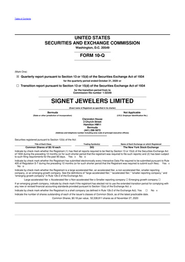 Thumbnail Signet Jewelers
 10-Q Quarterly Report FY 