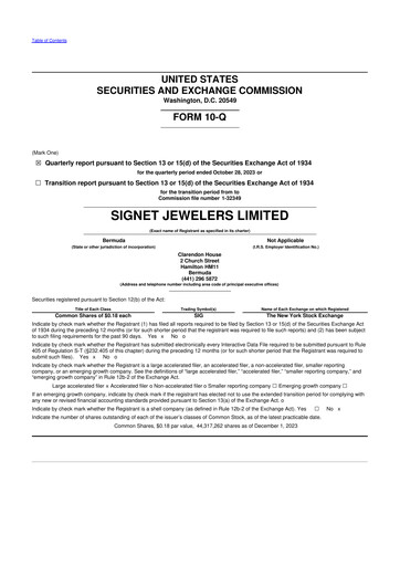 Thumbnail Signet Jewelers
 10-Q Quarterly Report FY 