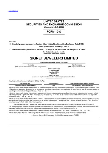Thumbnail Signet Jewelers
 10-Q Quarterly Report FY 