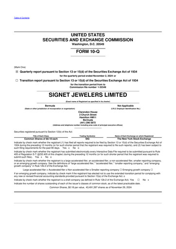 Thumbnail Signet Jewelers
 10-Q Quarterly Report FY 