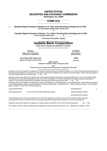 Thumbnail Isabella Bank Corporation 10-Q Quarterly Report FY2018 