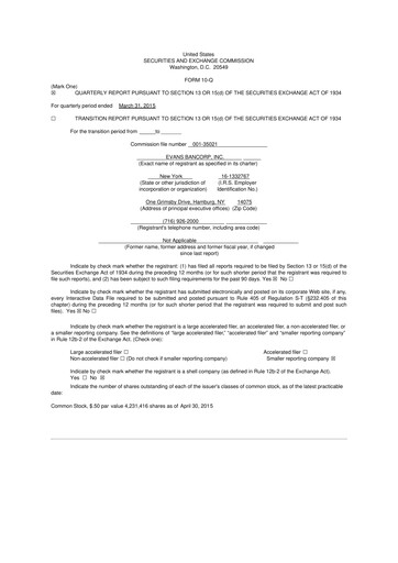Vorschaubild Evans Bancorp 10-Q Quartalsbericht 2015 