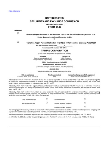 Thumbnail TriMas 10-Q Quarterly Report FY2020 