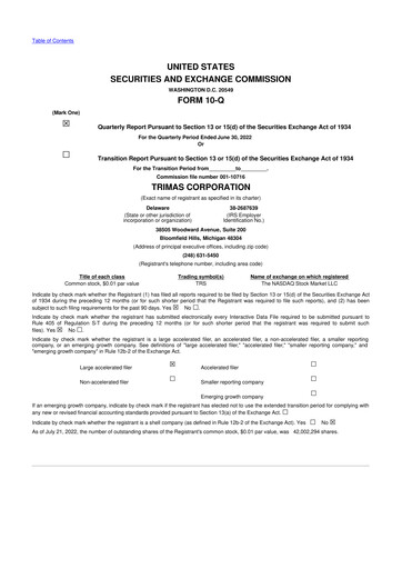 Thumbnail TriMas 10-Q Quarterly Report FY2022 