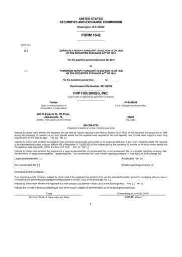 Thumbnail FRP Holdings
 10-Q Quarterly Report FY2019 