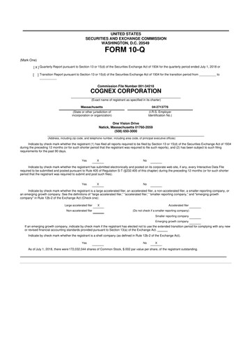 Thumbnail Cognex 10-Q Quarterly Report FY2018 