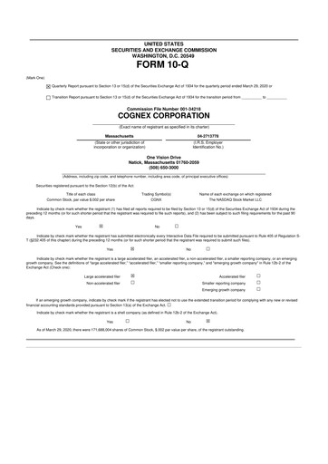 Thumbnail Cognex 10-Q Quarterly Report FY2020 