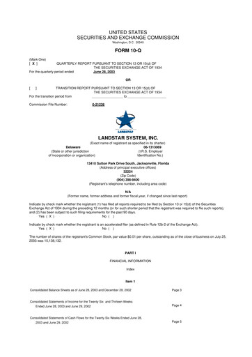 Miniature Landstar System
 10-Q Rapport trimestriel  