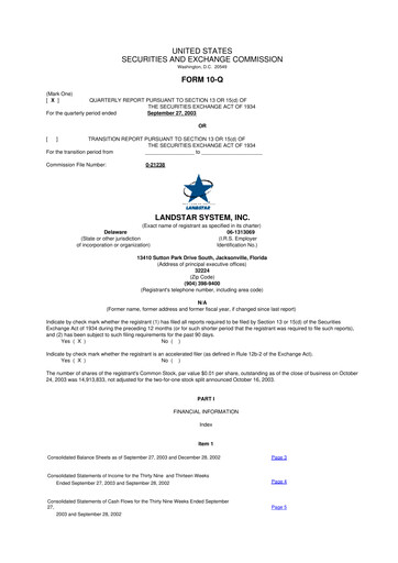 Miniature Landstar System
 10-Q Rapport trimestriel  