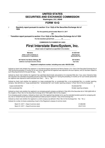 Thumbnail First Interstate BancSystem 10-Q Quarterly Report FY 