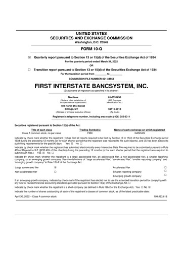 Thumbnail First Interstate BancSystem 10-Q Quarterly Report FY 
