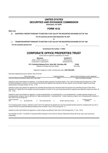 Miniature COPT Defense Properties 10-Q Rapport trimestriel 2021 