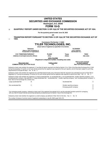 Thumbnail Tyler Technologies
 10-Q Quarterly Report FY2022 