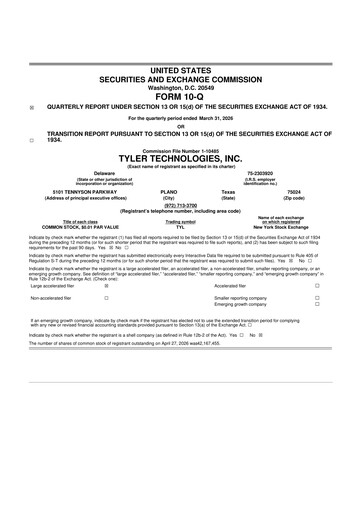 Thumbnail Tyler Technologies
 10-Q Quarterly Report FY 