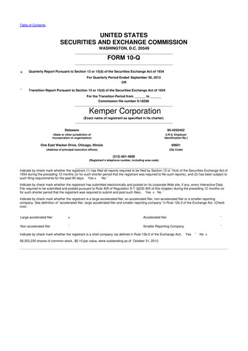 Thumbnail Kemper 10-Q Quarterly Report FY2012 