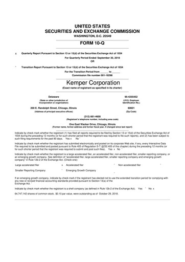 Thumbnail Kemper 10-Q Quarterly Report FY2018 