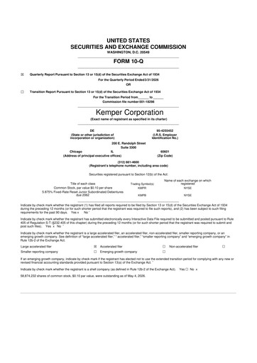 Thumbnail Kemper 10-Q Quarterly Report FY 
