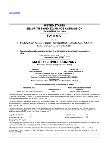 Miniature Matrix Service Company 10-Q Rapport trimestriel 2020 