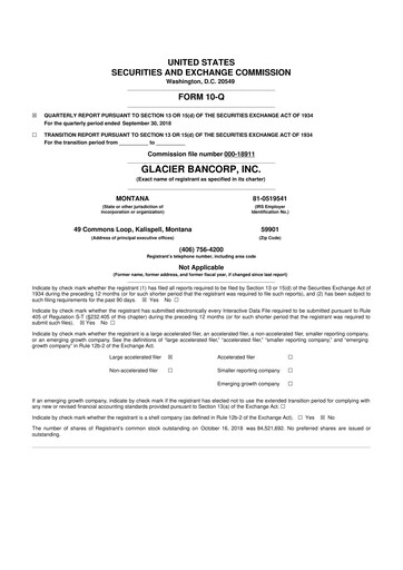 Miniature Glacier Bancorp
 10-Q Rapport trimestriel 2018 