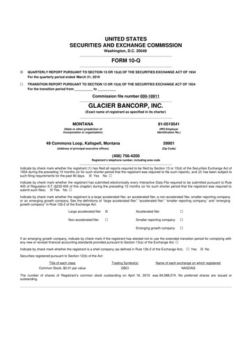Miniature Glacier Bancorp
 10-Q Rapport trimestriel 2019 